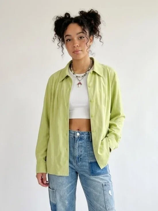 TALBOTS Vintage Lime Green Faux Suede Shirt Jacket Button Down XL Vintage - Picture 1 of 6